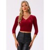 INSPIRE CHIC Women's Velvet V Neck 3/4 Sleeve Solid Crop Top - 3 of 4