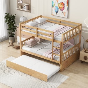 YOOCOZZ Full Over Full Rubber Wood Bunk Bed with Twin Size Trundle,Ladder and Guardrails,Convertible to 2 Full Size Beds - 1 of 4