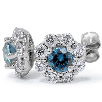 Pompeii3 1 1/2ct Halo Fire Blue & White Diamond Studs 14K White Gold