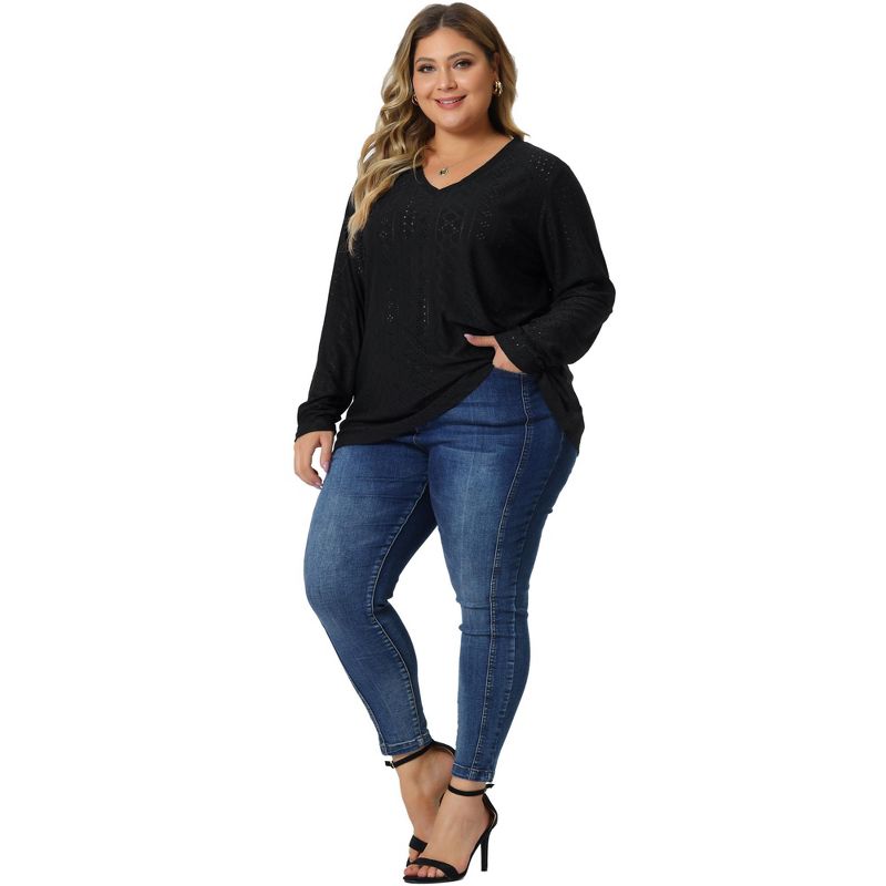 Agnes Orinda Women's Plus Size Long Sleeve Hollow Out V Neck Blouse, 3 of 6