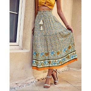 Women's Flowy A-Line Skirt Elastic Waist Floral Print Maxi Skirt with Drawstring Vacation Beach Skirt - 1 of 4