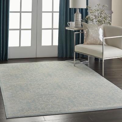Elegant Ivory/Green Floral Synthetic 5'3" x 7'3" Easy-Care Rug