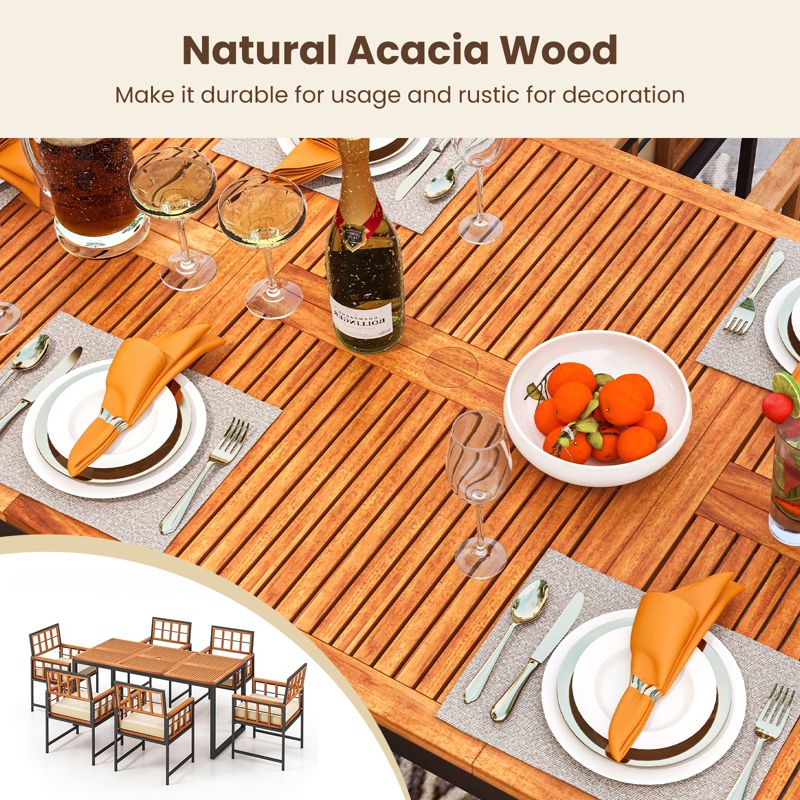 Tangkula 7PCS Dining Set Outdoor Acacia Wood Table w/ Soft Cushions Umbrella Hole Patio, 2 of 6