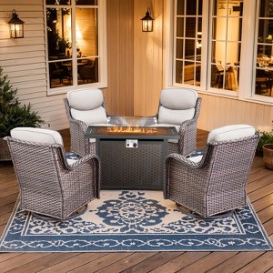 Buenhomino 5 Pieces Patio Wicker Furniture Set - 4 x Outdoor Swivel Rocker Glider Chairs with 43" Fire Pit Table, Warm Patio Conversation Set - 1 of 4