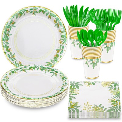 DYLIVeS Sage Greenery Party Supplies,Gold Foil Jungle Theme Party Decorations Green Leaf Dinnerware,Dinner Plates Cocktail Napkins Cups Cutlery