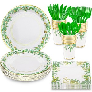 Hachikiko Sage Greenery Party Supplies,Gold Foil Jungle Theme Party Decorations Green Leaf Dinnerware,Dinner Plates Cocktail Napkins Cups Cutlery - 1 of 4