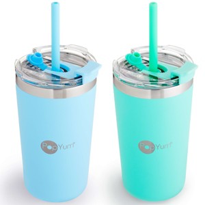 PopYum 13oz Insulated Stainless Steel Kids’ Cups with Lid and Straw, 2-Pack, Blue & Green, stackable, sippy, baby, child, toddler, tumbler - 1 of 4