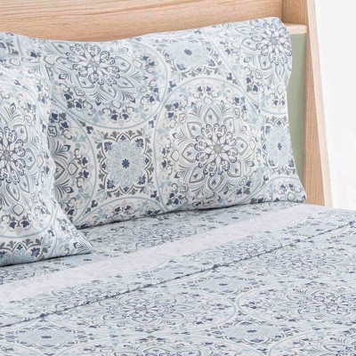 Blue Floral Cotton Flannel Full Sheet Set