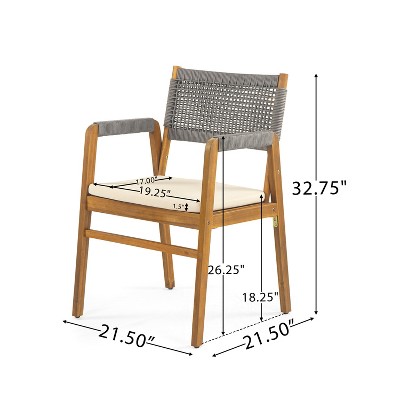 Gray Rope Woven Acacia Wood Dining Chairs with Cushions, Set of 2