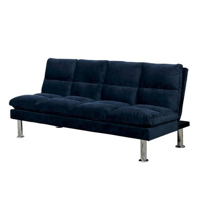 Futon Sofa with Tufted Padded Seating and Metal Legs Blue - Benzara