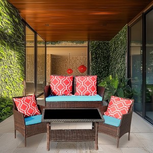 Chic Crate-4-Piece Outdoor PE Rattan Sectional Sofa Set - Sapphire Blue Cushioned Patio Furniture with Glass Table - 1 of 4