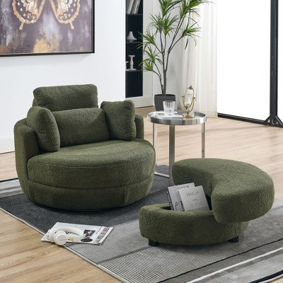 Estelle 39" Wide Oversized 360° Swivel Barrel Chair Teddy Fabric Upholstered And 4 Pillows Moon Storage Ottoman Armchair-Maison Boucle
