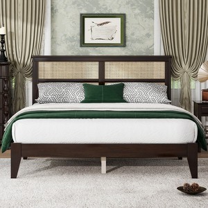 RISOKEYS Queen Size Rubber Wooden Bed with Rattan Headboard - Vintage Design, Spacious Underbed Storage,for Apartments, Master & Small Spaces - 1 of 4