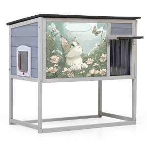 BENCMATE Pet Crates And Houses High-Legged Rainproof Outdoor Cat House With Windproof Curtain And Customizable Roof Cover, Grey, 35.40"*21.60"*32.30" - 1 of 4