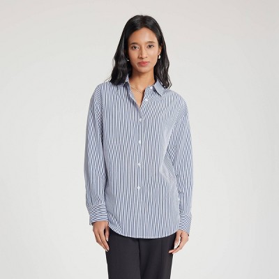 Women's Long Sleeve Collared Woven Button Down Shirt - A New Day™ Navy Blue Striped XS