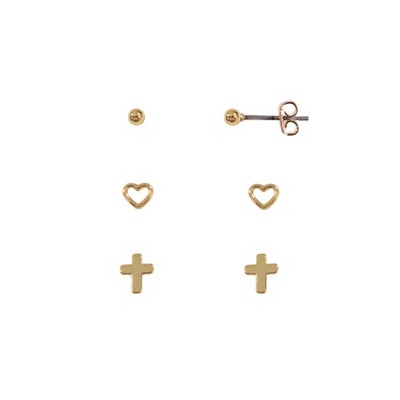 FAO Schwarz Cross, Heart and Ball Stud Trio Earring Set