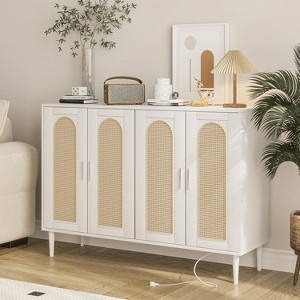 Rattan Sideboard Buffet Cabinet, 4 Doors Accent Storage Cabinet, Console Table Coffee Bar with Power Outlet, Adjustable Shelves - 1 of 4