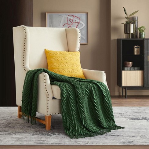 Chic Home Foremost Ruched Throw Blanket Plush Super Soft Solid Color Zig Zag Pattern With Tassel Fringe 50x60 Green