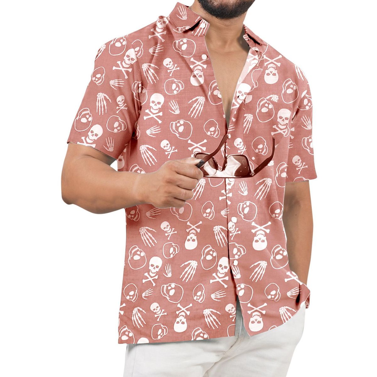 HAPPY BAY Mens Hawaiian Short Sleeve Button Down Shirt Men's Halloween Costumes Shirt Linen Effect Beach Shirts for Men XXL Red, Skull
