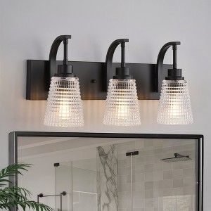BAOURE 3 Lights Bathroom Vanity Light Fixtures 20.87 Inch Black Bathroom Light Fixture Over Mirror, Modern Vanity Light with Rippled Glass Shades - 1 of 4