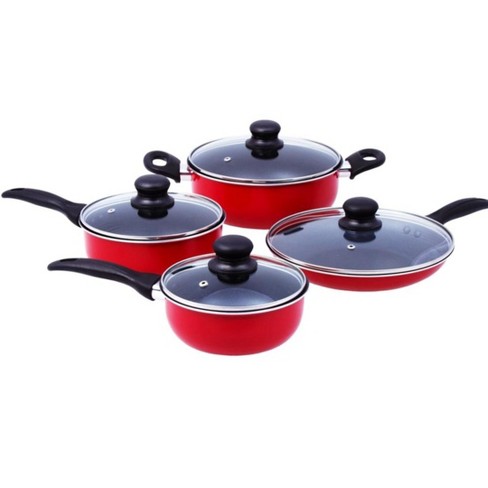 Gibson 7 Piece Chef Du Jour Carbon Steel Nonstick Cooking Pots and Pans  Kitchen Cookware Set with Handles and Tempered Glass Lids, Red