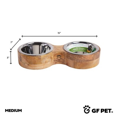 Small Mango Wood Elevated Double Pet Feeder with Stainless Steel Bowls