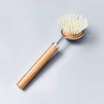 mDesign Bamboo Mini Kitchen Palm Dish Scrubber Brush with Holder -  Cream/Natural