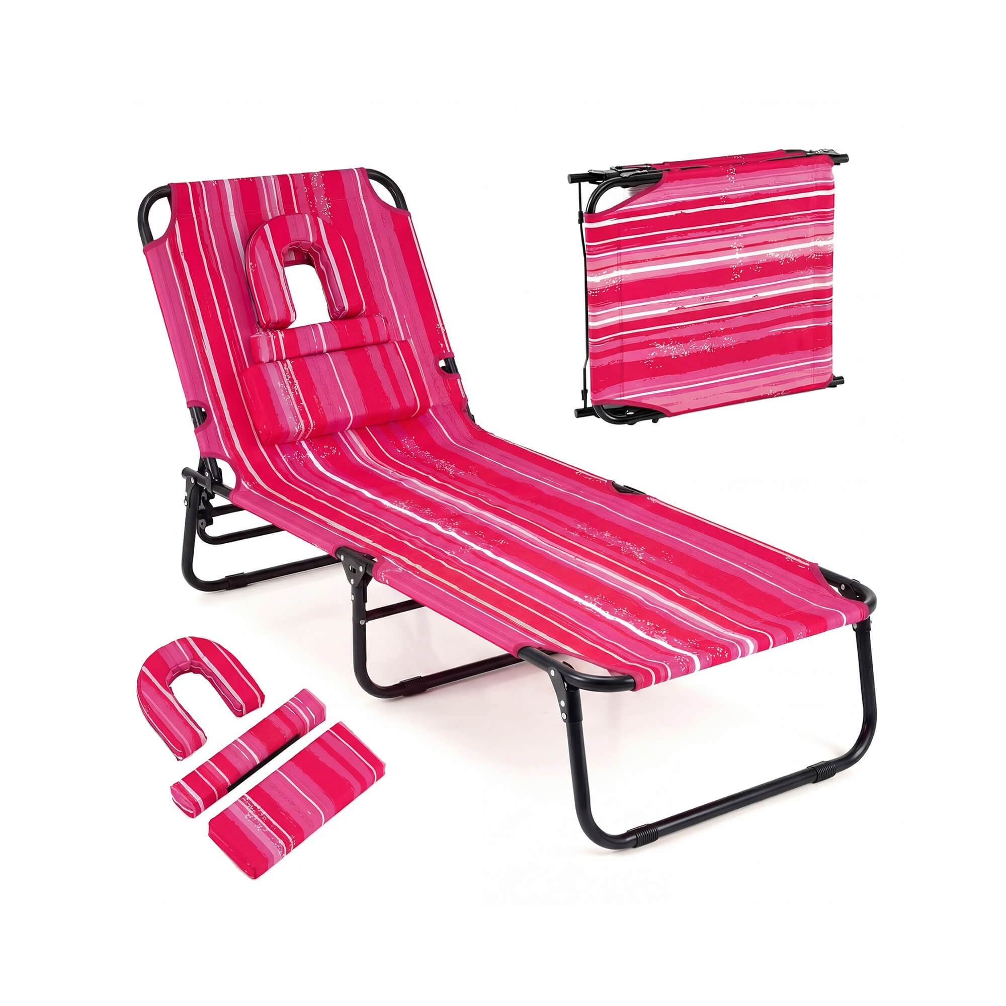 Costway Beach Chaise Lounge Chair with Face Hole Pillows & 4-Position Adjustable Backrest Pink Stripe