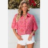Amaryllis Women’s Button Up Short Sleeve Blouse Vintage Floral Print Puff Shoulder Relaxed Fit Lightweight - 3 of 4