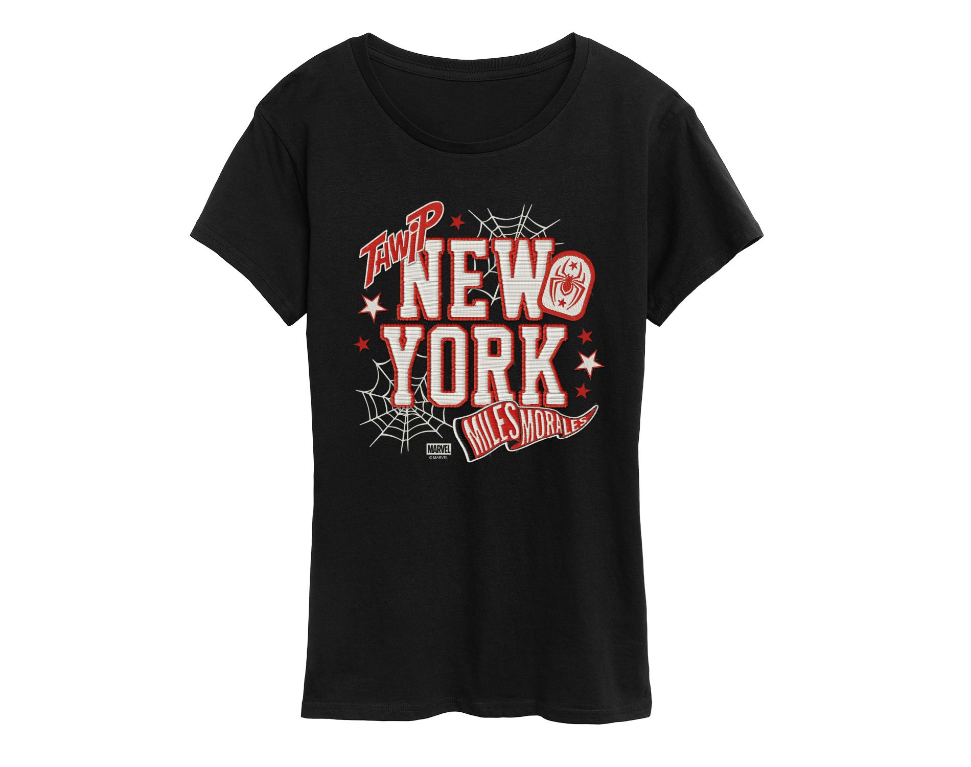 Women's Spider-Man NYC Miles Faux Patches Short Sleeve Graphic T-Shirt - Black - 1X