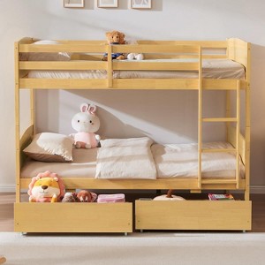 AMERLIFE Twin Over Twin Bunk Bed with Storage Drawers, Solid Rubberwood Convertible Loft Bed Frame with Ladders, Detachable Bed for Kids - 1 of 4