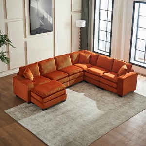 TiramisuBest Modern U-Shaped 6-Seat Sectional Sofa with Ottoman & 3 Toss Pillows, Modular Corduroy Sofa for Living Room, Orange - 1 of 4