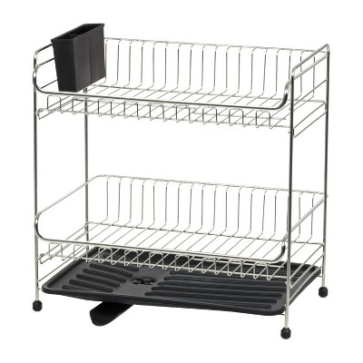 LunaLulinlk 2-tier Medium-sized Dish Rack with Drain Spout, Dish Rack and Drainer, Black