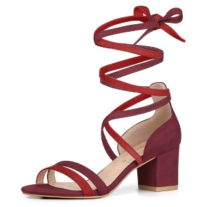 Allegra K Women's Faux Suede Open Toe Color Block Heel Lace Up Sandals - 1 of 4