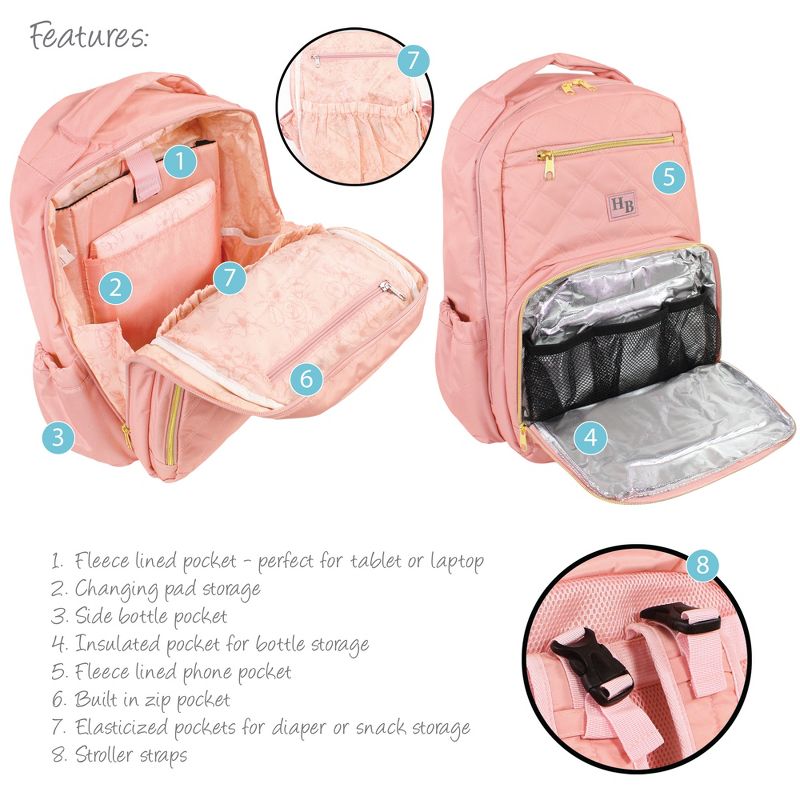Hudson Baby Premium Diaper Bag Backpack and Changing Pad, Blush, One Size, 4 of 6