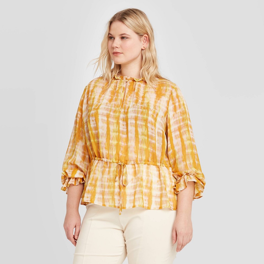 Women's Plus Size Tie-Dye Long Sleeve Ruffle Detail Drawstring Blouse - Who What Wear Yellow 4X, Women's, Size: 4XL was $29.99 now $13.49 (55.0% off)