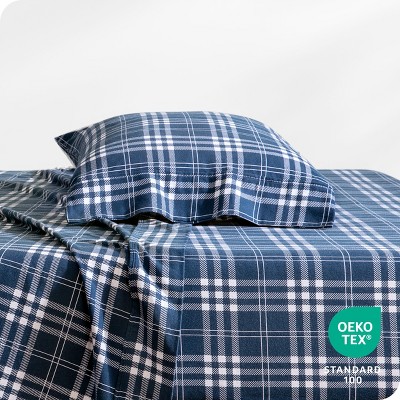 Stirling Plaid Blue/White Cotton Flannel Twin Sheet Set