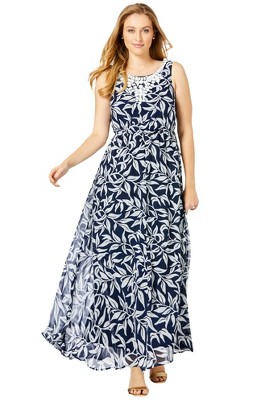 Jessica London Women'S Plus Size Embellished Maxi Dress, 16 W - Navy Vines  : Target