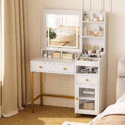 Vanity Desk with Lighted Mirror, Large Makeup Dressing Table whit Power Outlet 2 Drawers 1 Cabinet Open Storage Shelves for Bedroom Women Girls, White