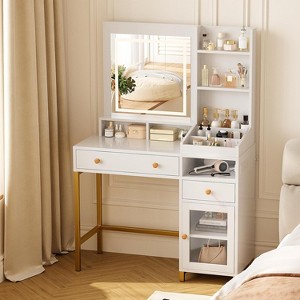 Vanity Desk with Lighted Mirror, Large Makeup Dressing Table whit Power Outlet 2 Drawers 1 Cabinet Open Storage Shelves for Bedroom Women Girls, White - 1 of 4