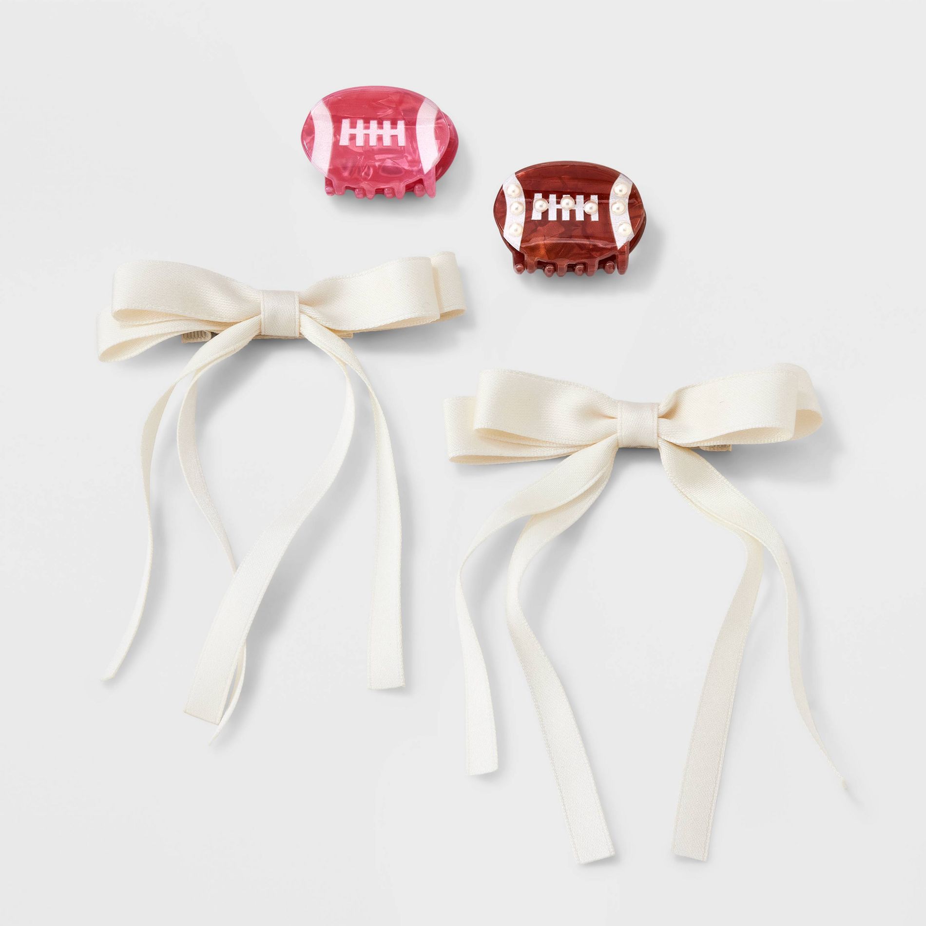 Girls' 4pk Football and Satin Bow Claw Clip Set - art class™
