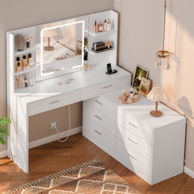 USIKEY 65.9'' Vanity Desk with LED Lighted Mirror & Power Outlet, Modern Corner Makeup Vanity Table with 8 Drawers & Open Shelves