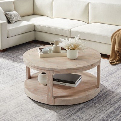 NicBex Traditional Round Coffee Table Large Curved Table with Shelf Wheels 2 Tier Sofa Side Table Center Table for Living Room