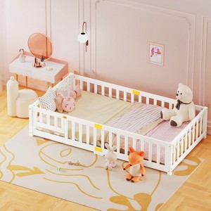 DoCred Toddler Floor Bed for Kids, Wood Floor Bed w/Slats & Fence for Girls and Boys, Montessori Bed Frame - 1 of 4