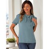 INSPIRE CHIC Women's Bow Tie Neck Solid Color Elastic Cuffs Elegant Office Short Sleeve Blouse - 2 of 4