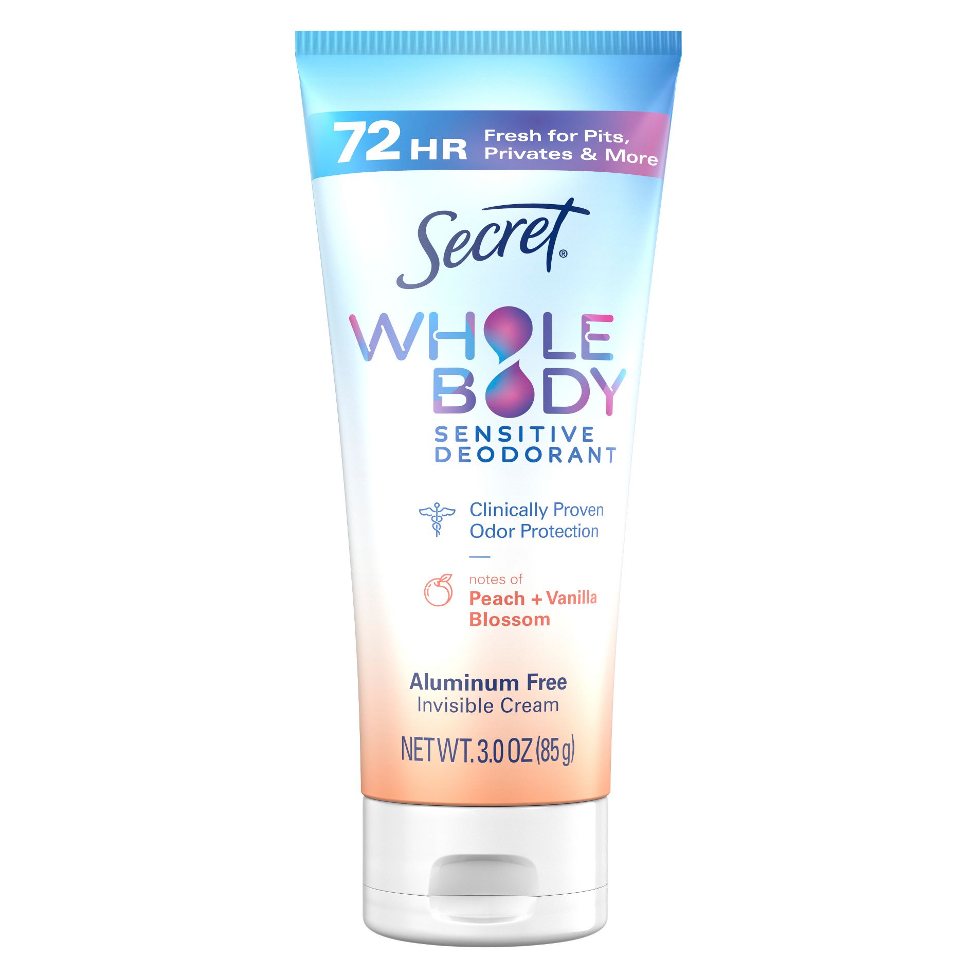 Secret Whole Body Deodorant Clear Cream - Peach & Vanilla - Aluminum-Free 3oz