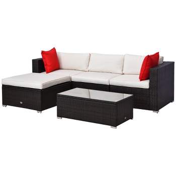 Outsunny 5-Piece Outdoor Sectional Furniture, Patio Sofa Set, PE Wicker Couch, Cushions, Pillows, Ottoman, Coffee Table