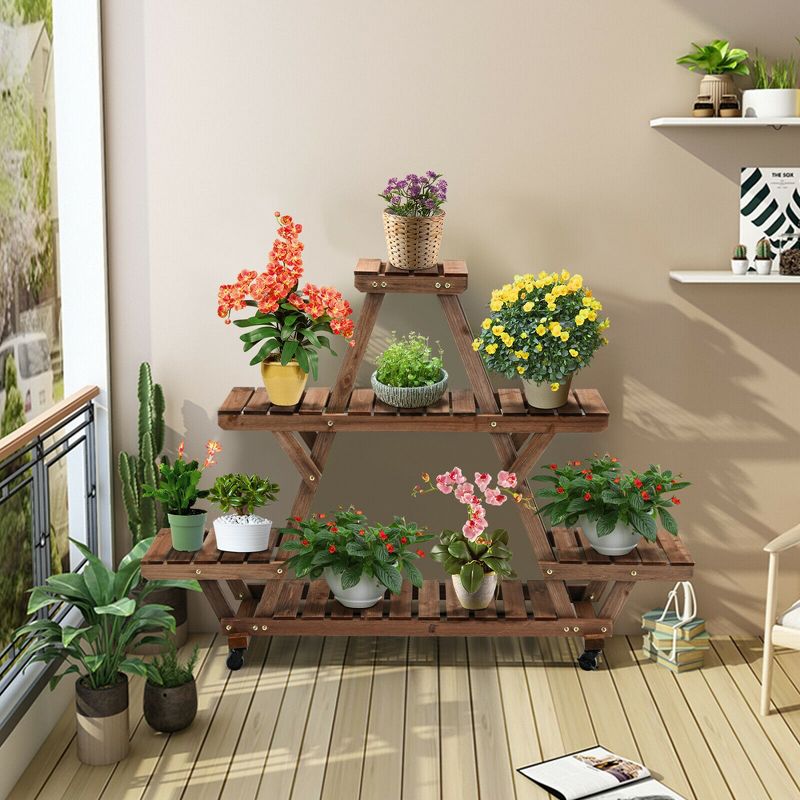 Costway Wooden Plant Stand w/Wheels Pots Holder Display Shelf 56.5'' x 11'' x 41'', 3 of 13