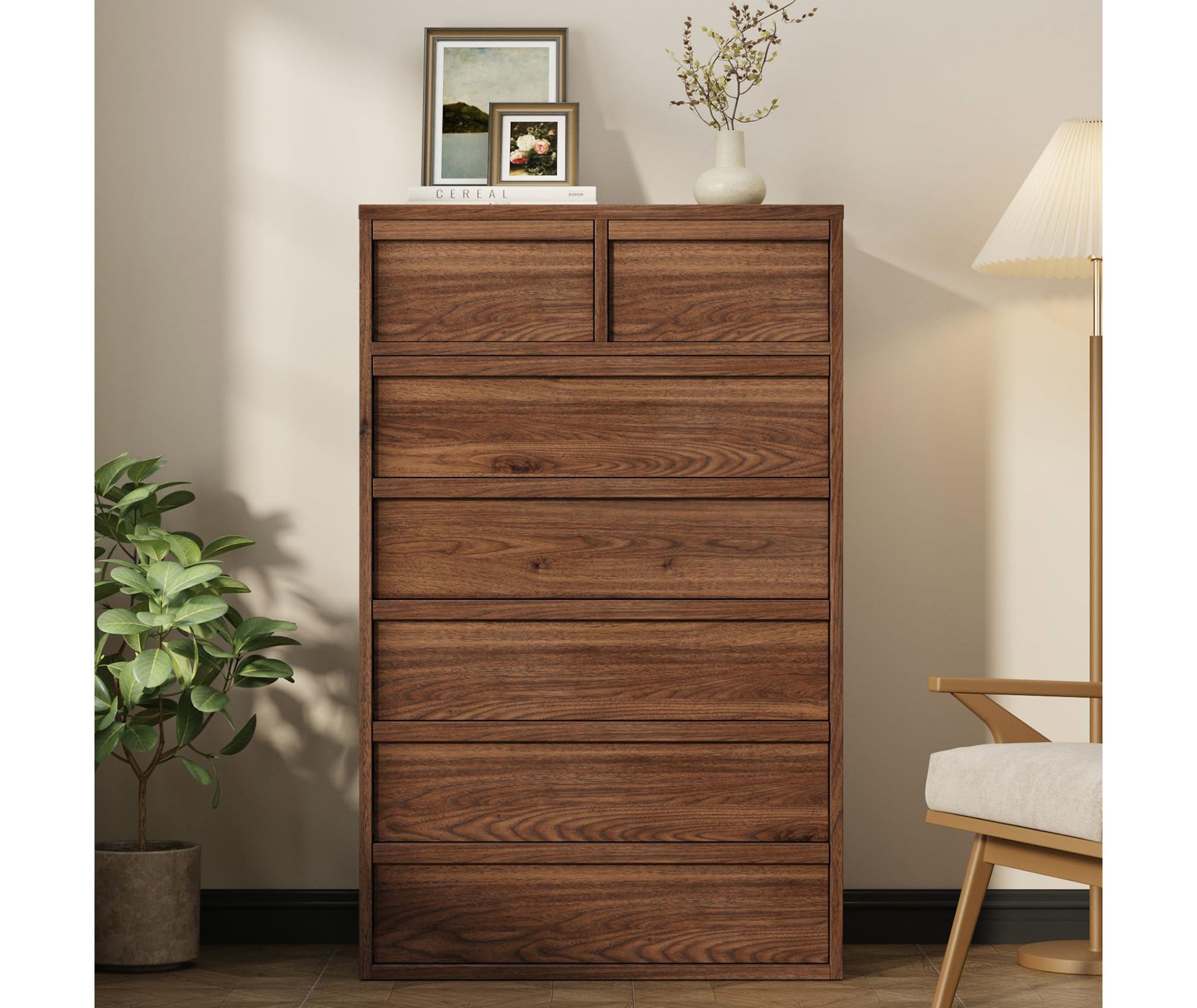 47in Tall 7 Drawer Dresser for Bedroom, Walnut Closet 7 Chest of Drawer with Handle-free Design, Modern Storage Organizer for Nursery Living Room