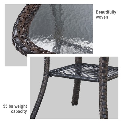 Close-up of wheeled leg and woven table surface with weight capacity text